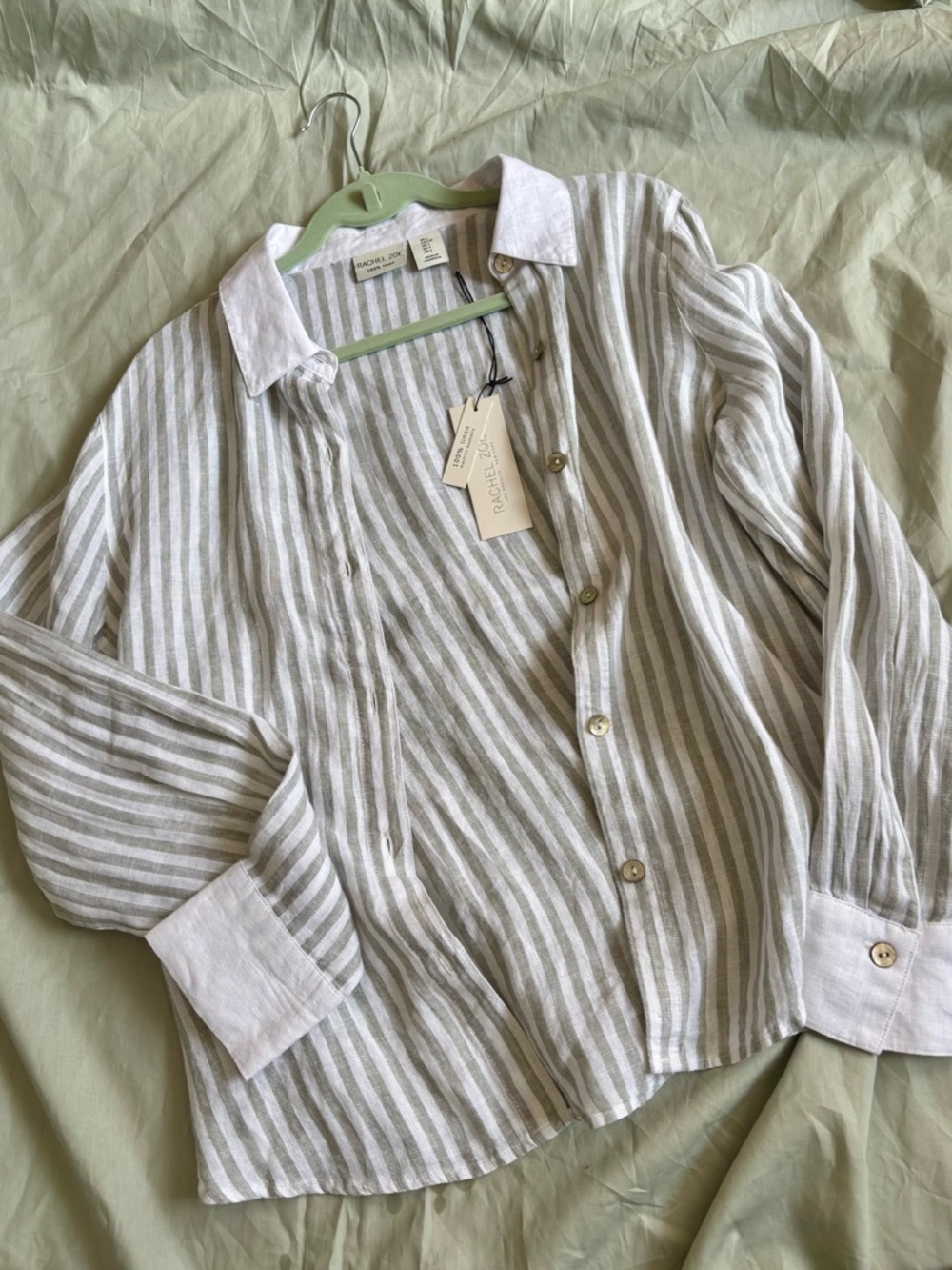 Rachel Zoe White and Sage Striped Linen Button-Up Shirt